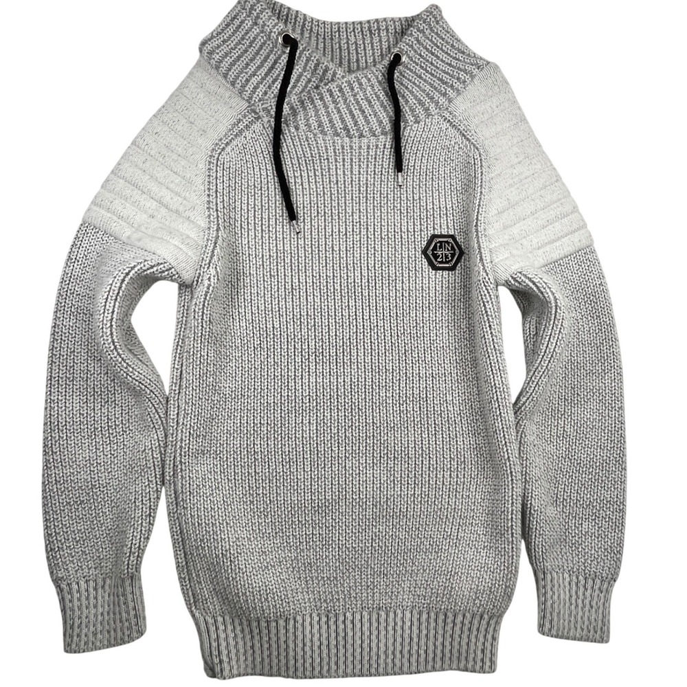 Leif Nelson Mens Size M Gray Knit Sweater Patch Drawstring LN23 Turkey Heavy